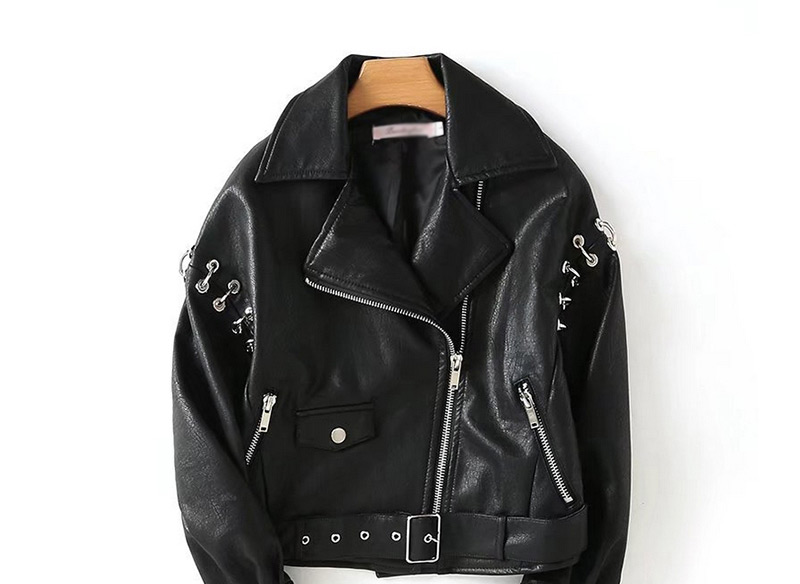 Trendy Black Rivet Decorated Pure Color Punk Coat,Coat-Jacket