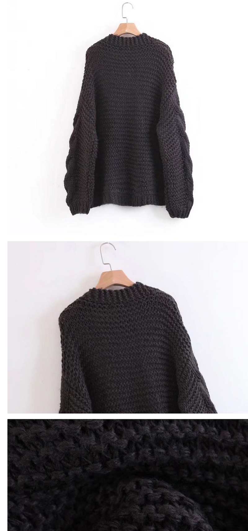 Trendy Black Twist Shape Decorated Pure Color Coat,Sweater