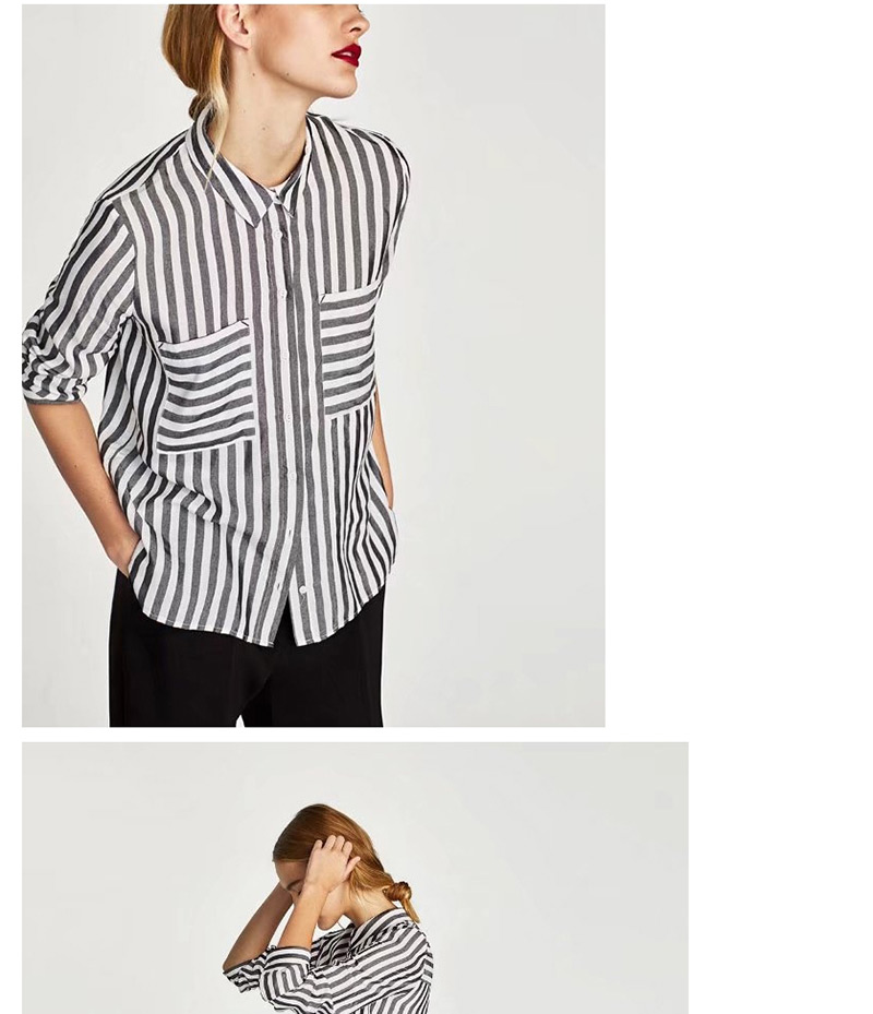 Trendy Gray Stripe Pattern Decorated Long Sleeves Shirts,Tank Tops & Camis