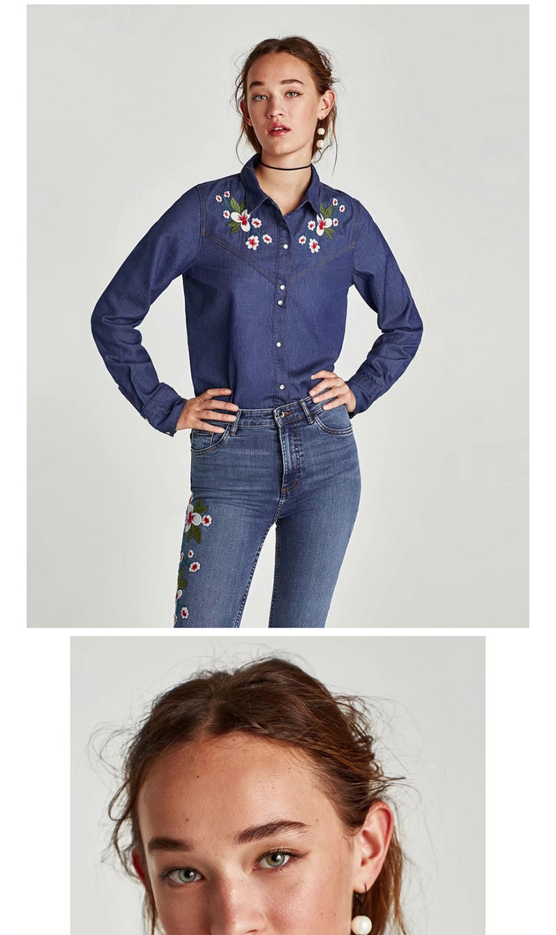 Trendy Blue Embroidery Flower Decorated Long Sleeves Shirts,Tank Tops & Camis