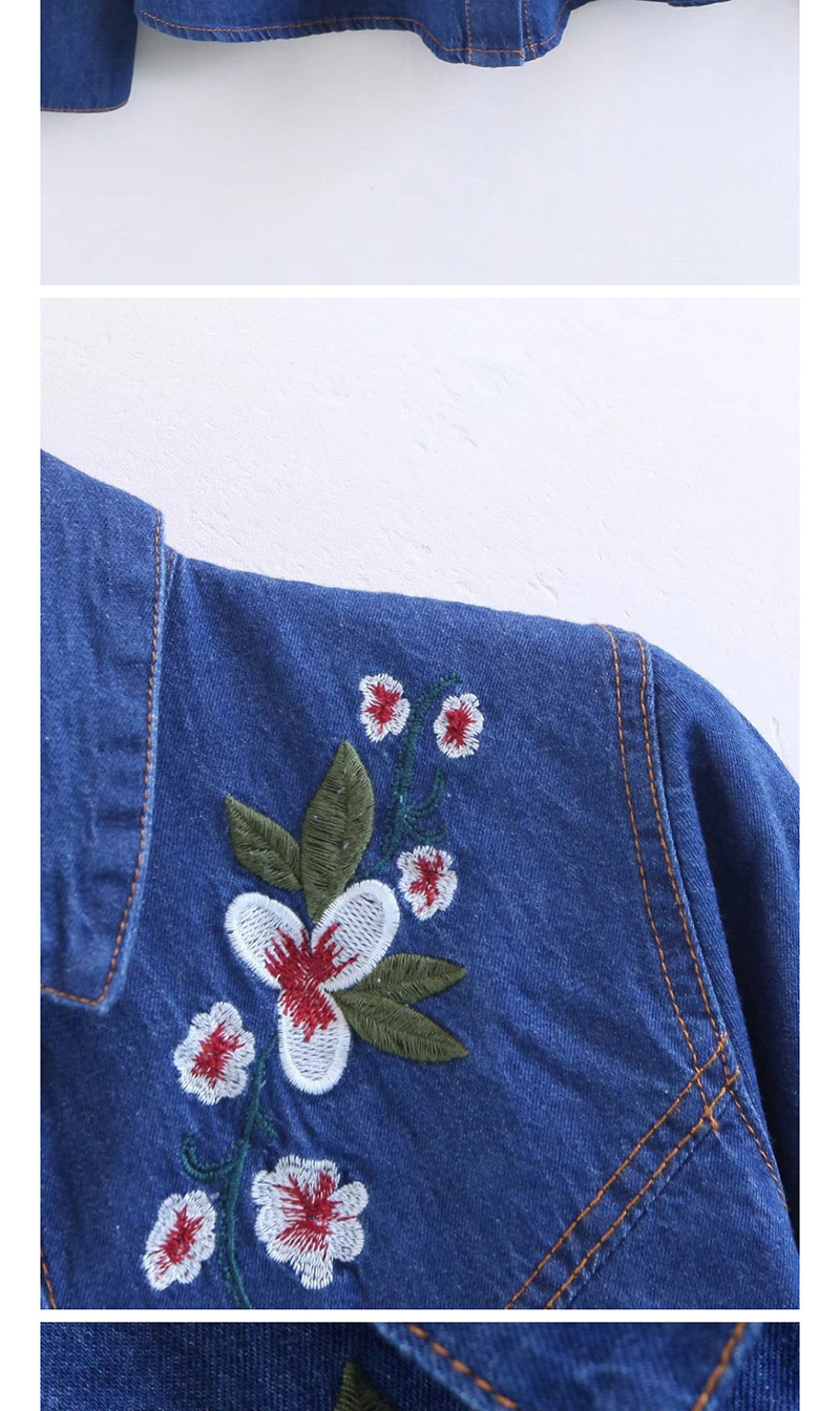 Trendy Blue Embroidery Flower Decorated Long Sleeves Shirts,Tank Tops & Camis
