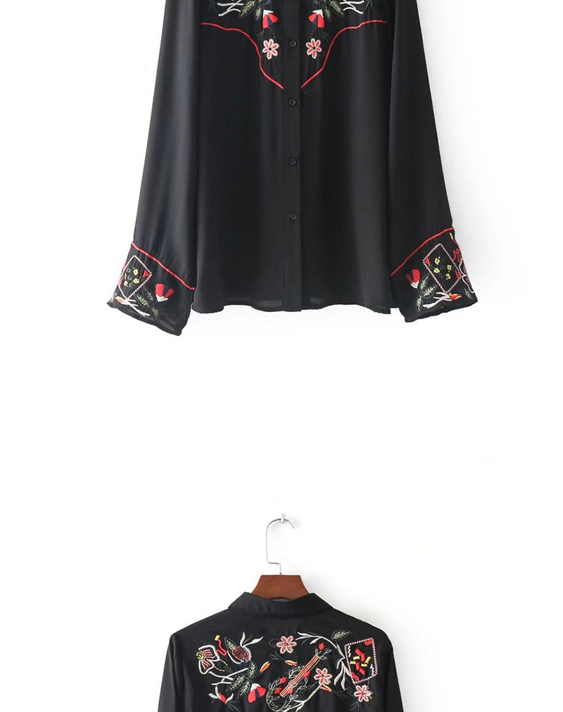 Trendy Black Embroidery Flower Decorated Long Sleeves Shirts,Tank Tops & Camis