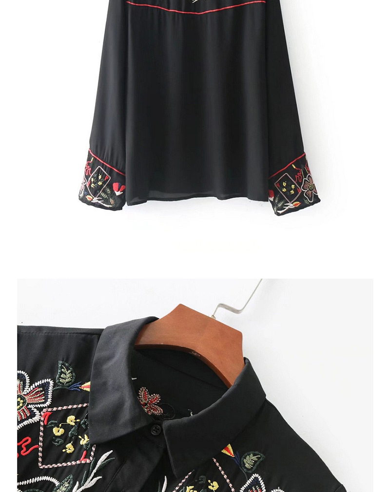 Trendy Black Embroidery Flower Decorated Long Sleeves Shirts,Tank Tops & Camis