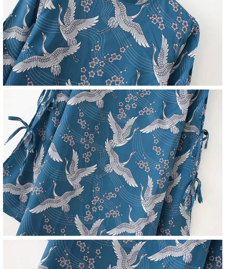 Trendy Blue Red-crowned Crane Pattern Decorated Simple Dress,Long Dress