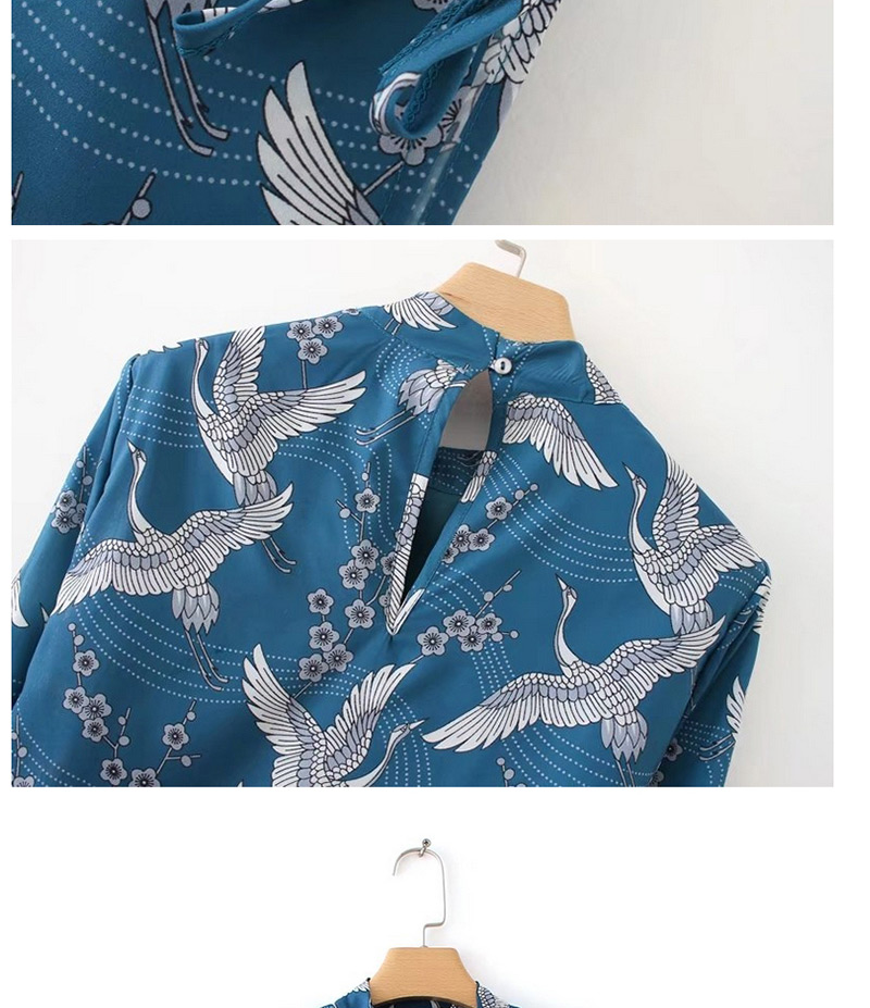 Trendy Blue Red-crowned Crane Pattern Decorated Simple Dress,Long Dress