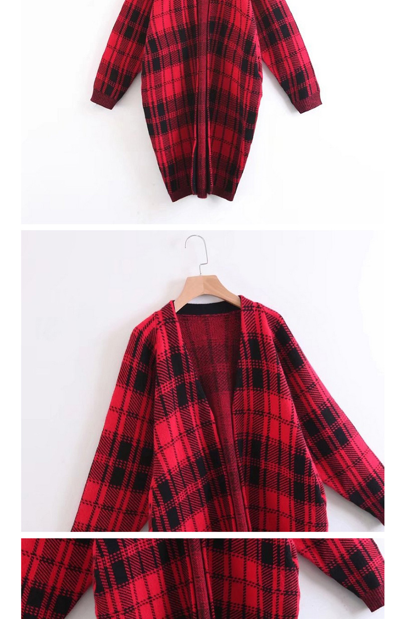 Trendy Red Grid Pattern Decorated Bat Sleeves Knit Cardigan,Sweater