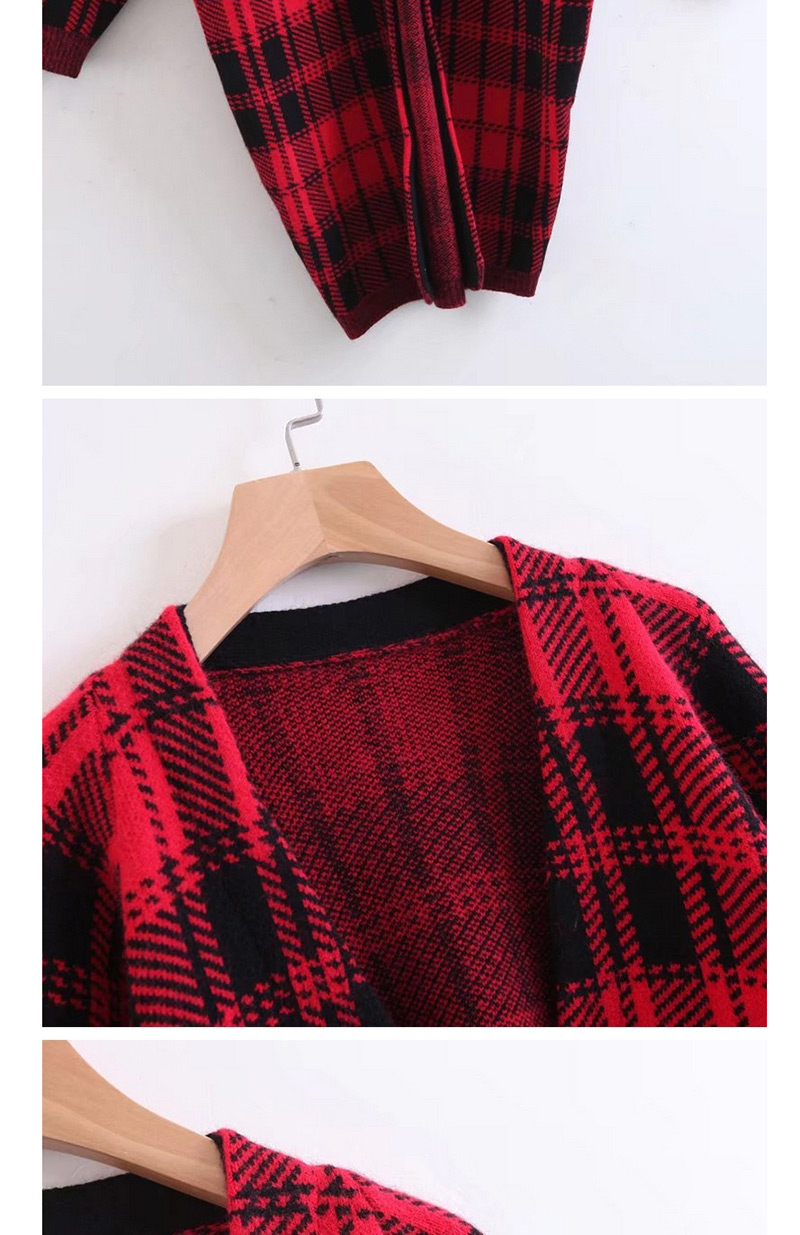 Trendy Red Grid Pattern Decorated Bat Sleeves Knit Cardigan,Sweater
