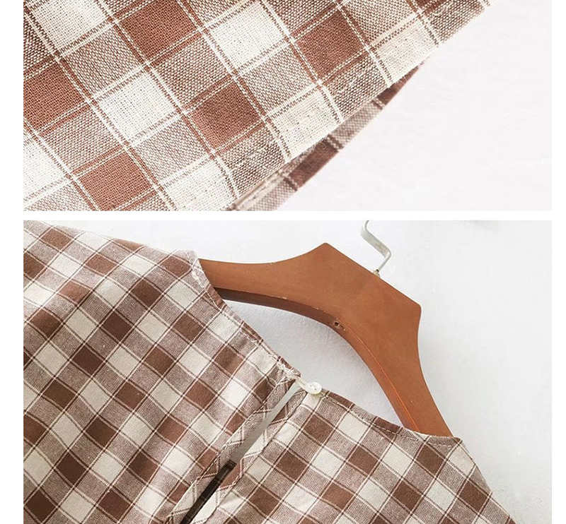 Trendy Khaki Grid Pattern Decorated Long Sleeves Shirt,Tank Tops & Camis