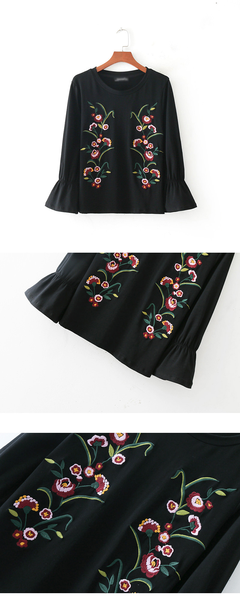 Fashion Black Embroidery Flower Decorated Long Sleeves Blouse,Coat-Jacket