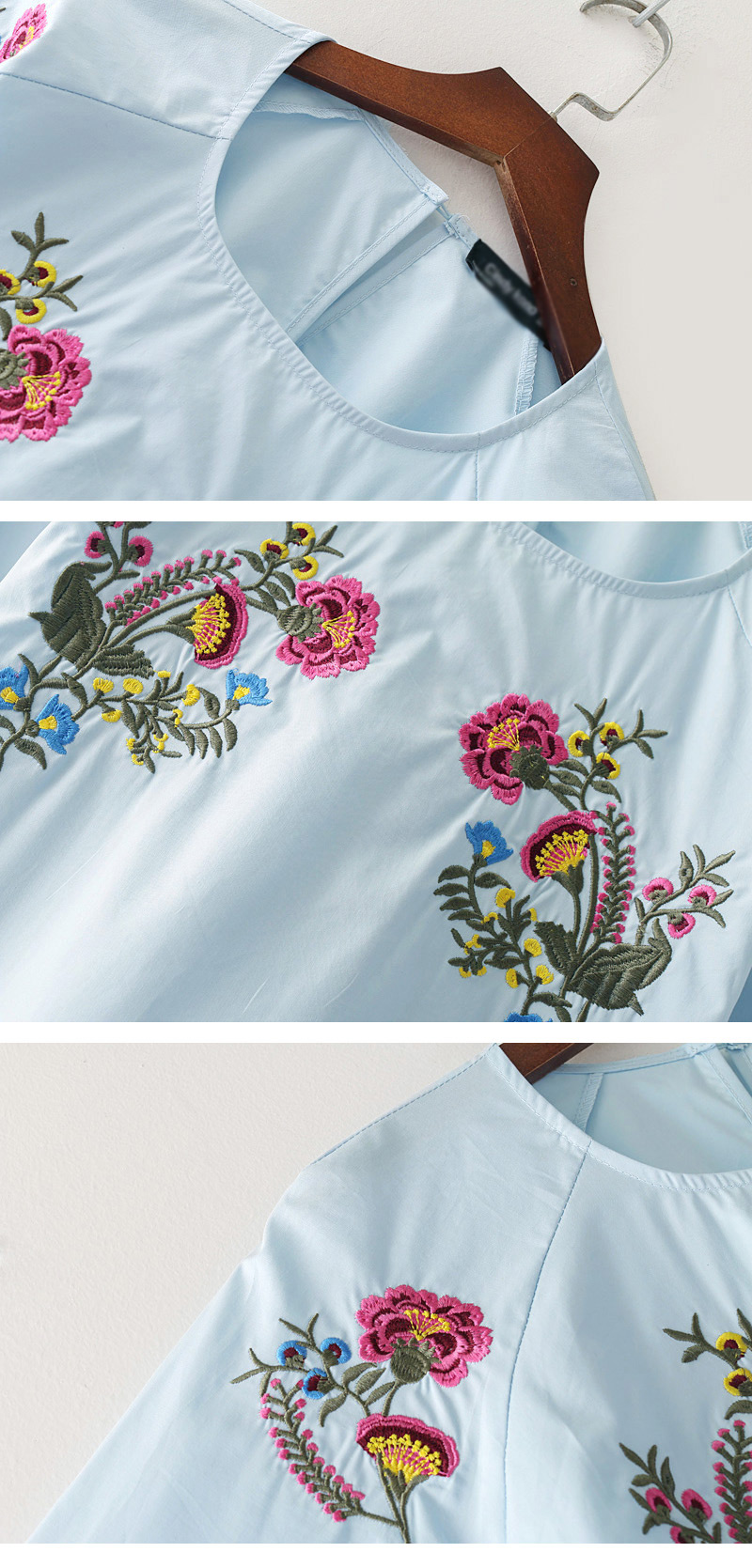Fashion Blue Embroidery Flower Decorated Long Sleeves Blouse,Tank Tops & Camis