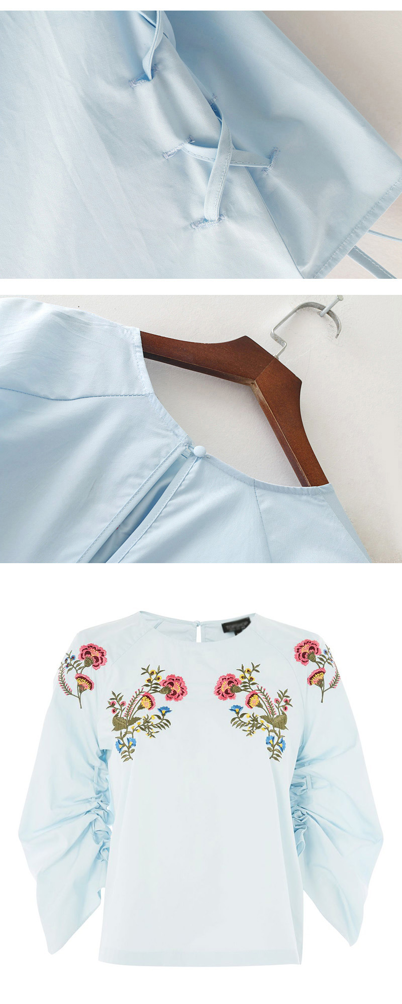 Fashion Blue Embroidery Flower Decorated Long Sleeves Blouse,Tank Tops & Camis