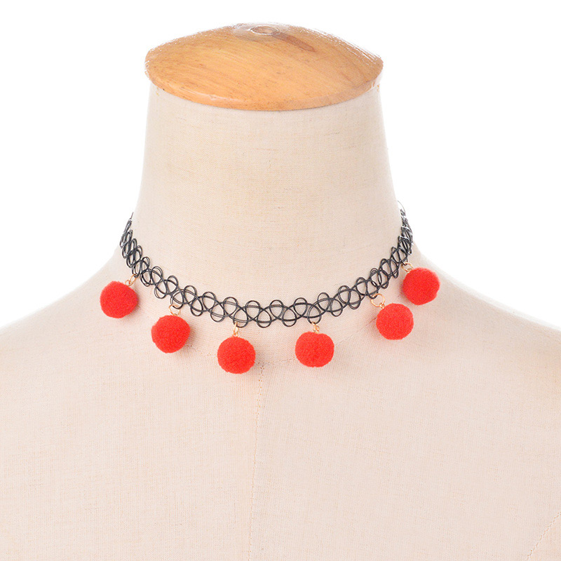 Trendy Plum Red Fuzzy Ball Decorated Pure Color Choker,Chokers