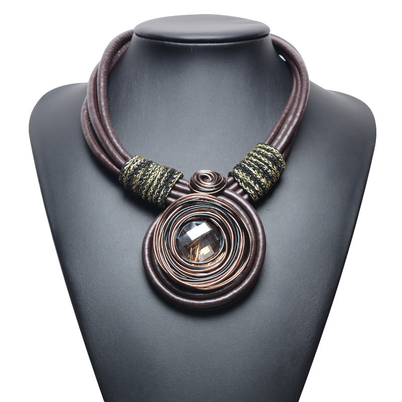 Exaggerated Brown Diamond Decorated Hand-woven Necklace,Bib Necklaces