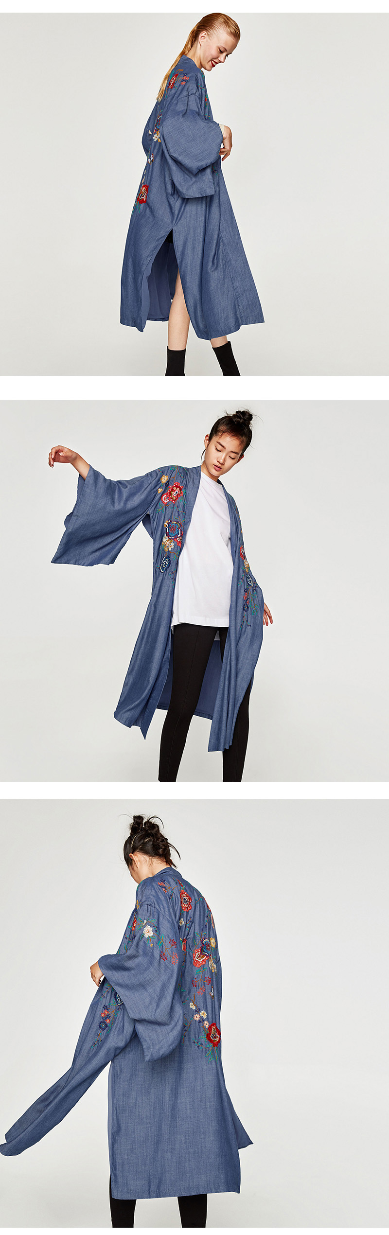 Fashion Dark Blue Embroidery Flower Decorated Kimono,Coat-Jacket