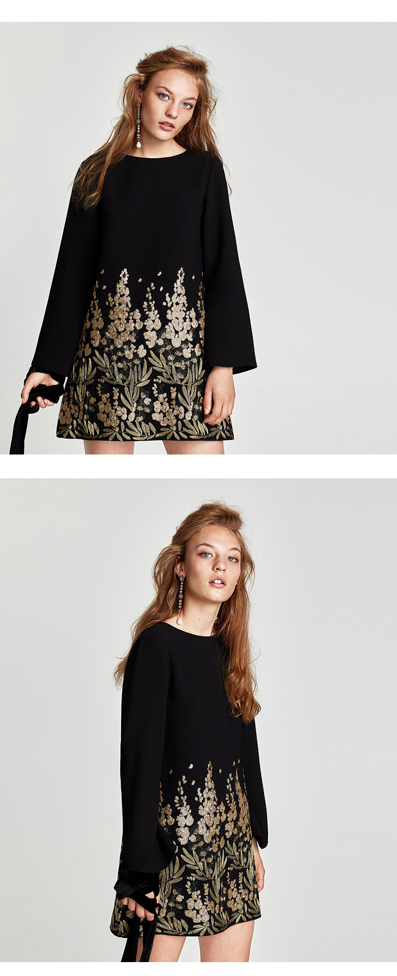 Fashion Black Flower Pattern Decorated Long Sleevs Dress,Long Dress