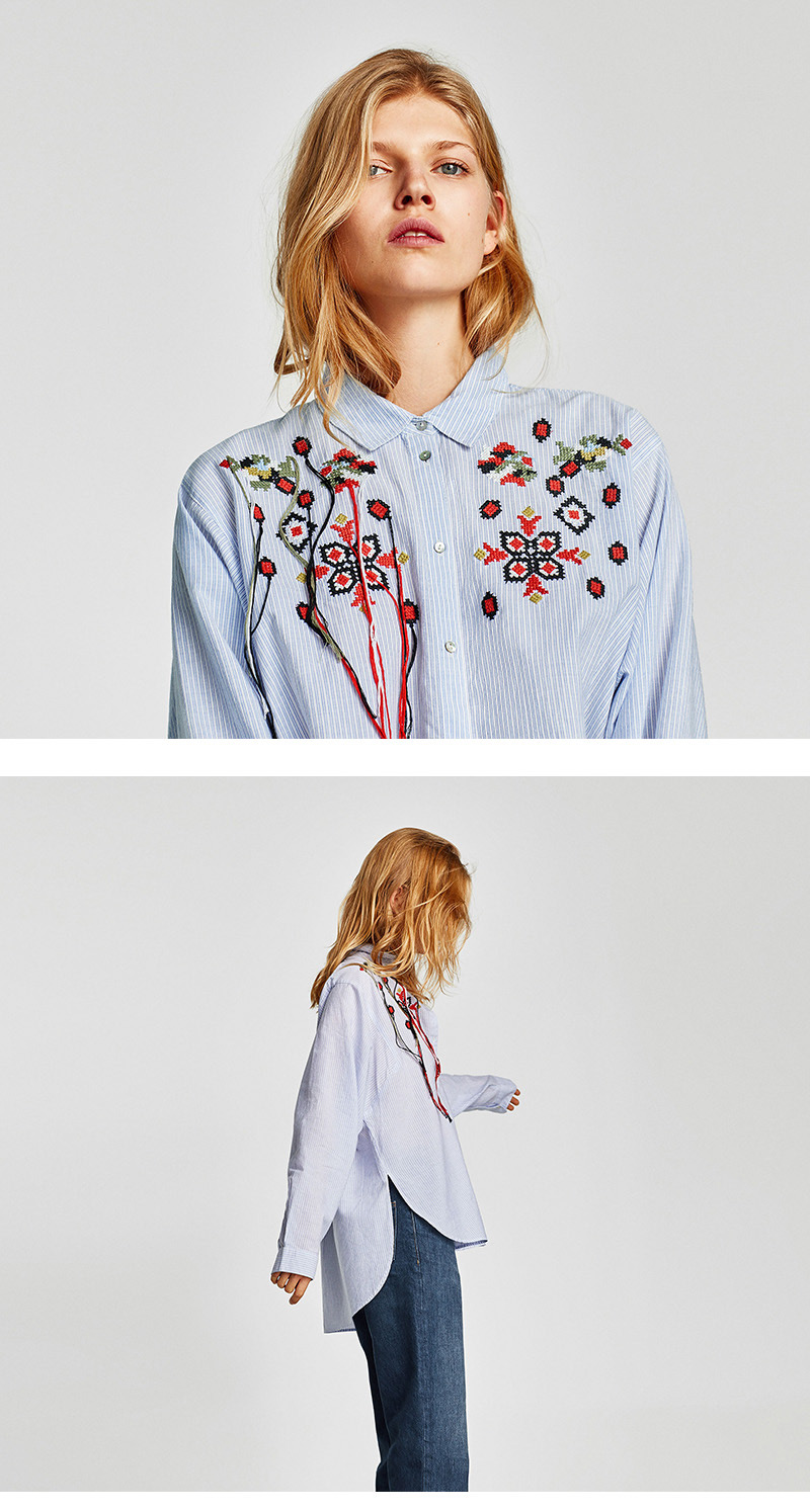 Fashion Blue Embroidery Flower Decorated Shirt,Tank Tops & Camis
