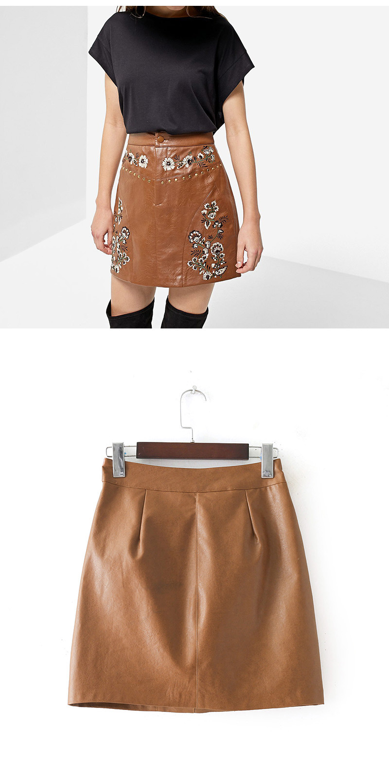 Fashion Brown Rivet&flower Pattern Decorated Skirt,Skirts