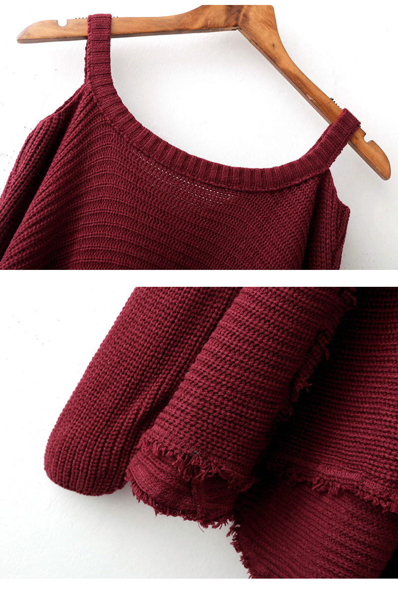 Fashion Claret Red V Ncekline Design Pure Color Sweater,Sweater