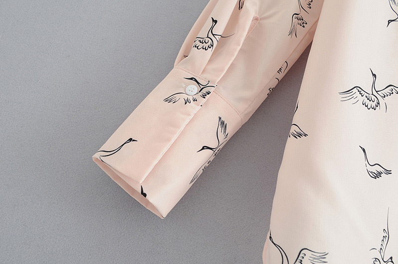 Fashion Light Pink Crane Pattern Decorated Long Sleeves Shirt,Tank Tops & Camis
