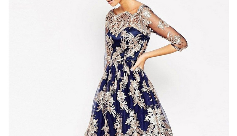 Elegant Sapphire Blue Embroidery Flower Decorated Dress,Long Dress