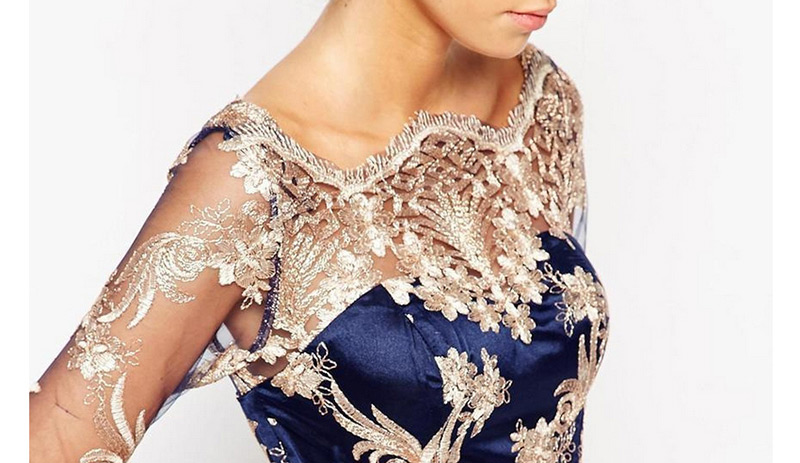 Elegant Sapphire Blue Embroidery Flower Decorated Dress,Long Dress