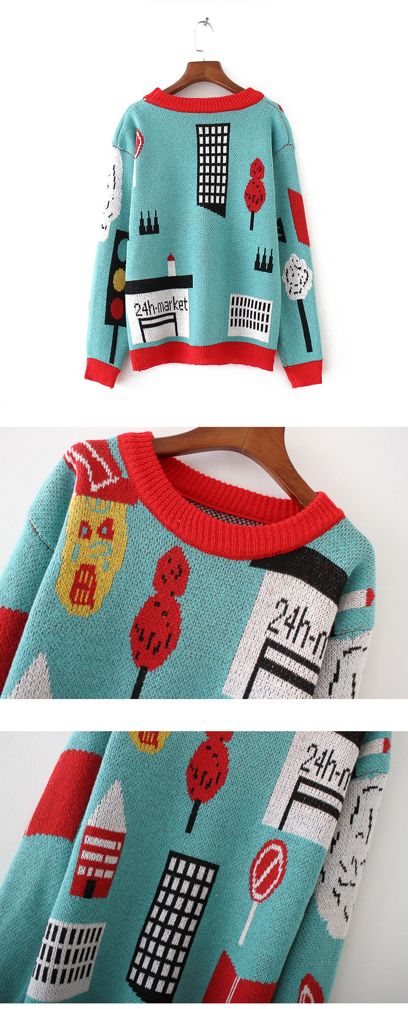 Retro Multi-color Cartoon Shape Decorated Sweater,Sweater