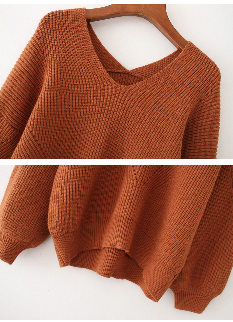 Fashion Brown Pure Color Decorated V-neckline Sweater,Sweater
