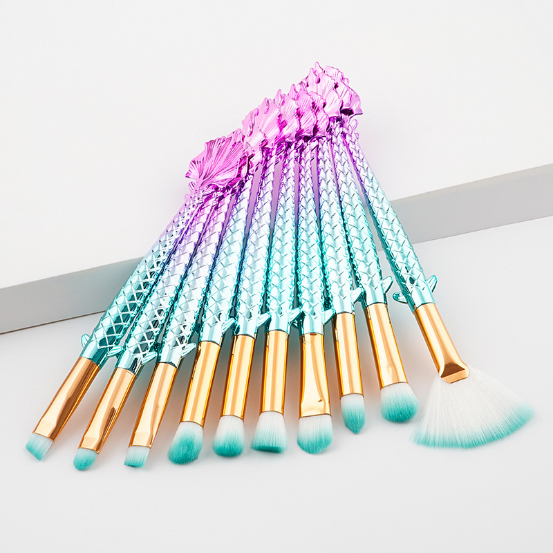 Fashion Blue Mermaid Shape Decorated Brushes (10pcs),Beauty tools