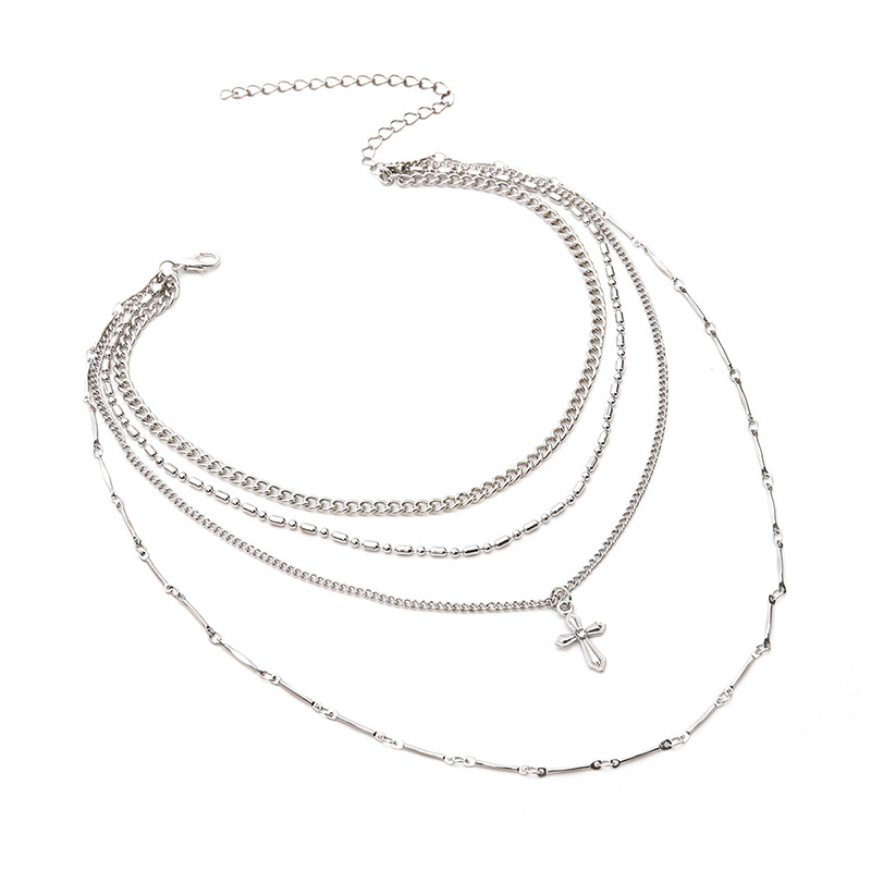 Elegant Silver Color Cross Shape Decorated Multilayer Necklace,Multi Strand Necklaces