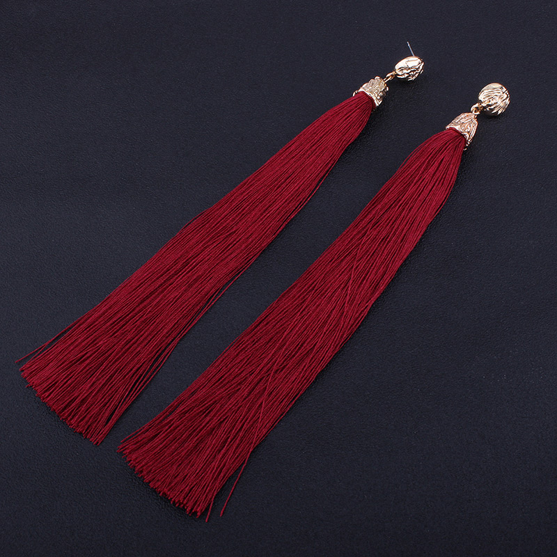 Bohemia Claret-red Pure Color Decorated Long Tassel Earrings,Drop Earrings