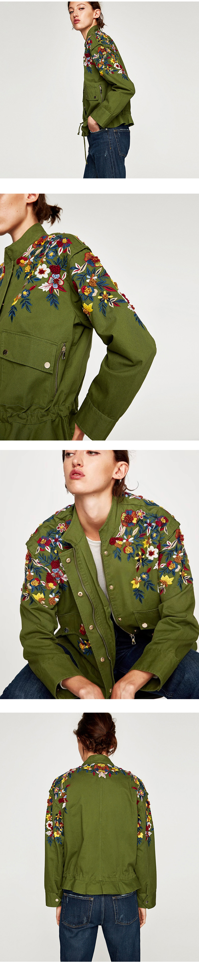 Fashion Olive Flower Pattern Decorated Long Sleeves Coat,Coat-Jacket