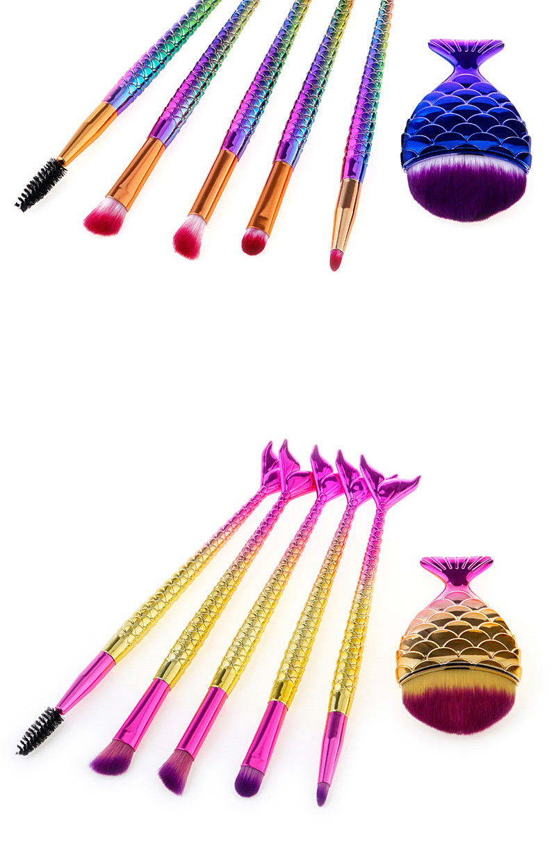 Fashion Pink+yellow Mermaid Shape Decorated Makeup Brush (6 Pcs),Beauty tools