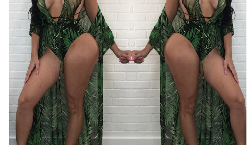 Fashion Green Leaf Pattern Decorated Swimwear (2 Pcs),Sunscreen Shirts