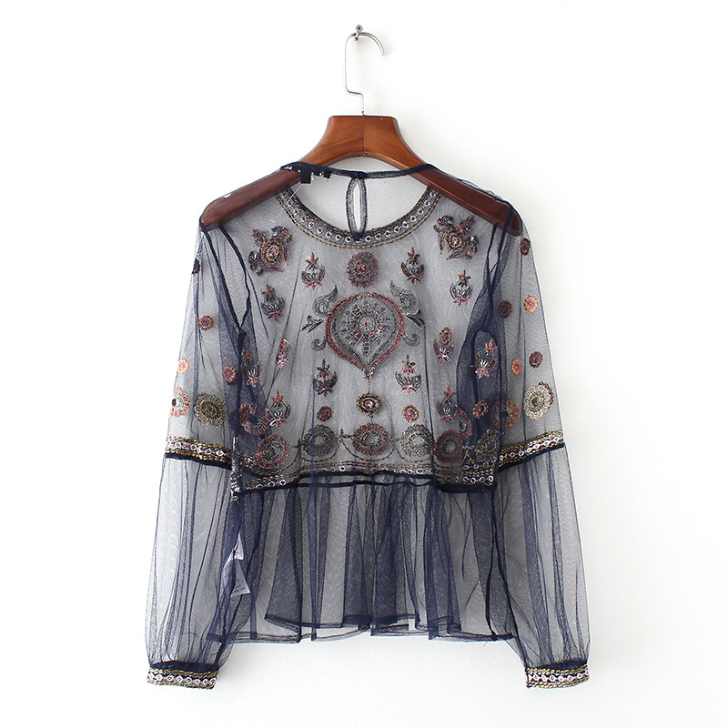 Fashion Navy Embroidery Flower Decorated Smock,Sunscreen Shirts