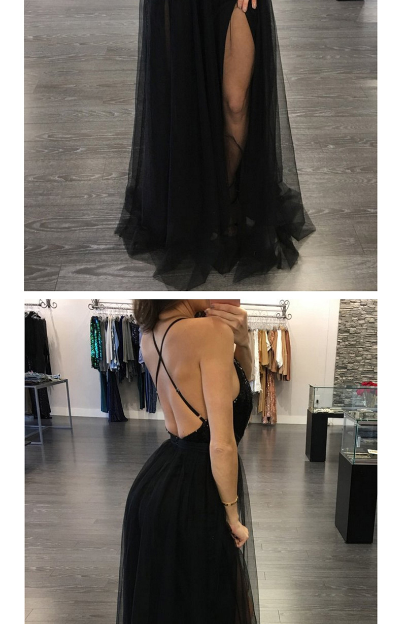 Fashion Black Pure Color Decorated V Neckline Dress,Long Dress