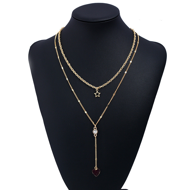 Fashion Dark Red Five-pointed Star Pendant Decorated Long Necklace,Multi Strand Necklaces