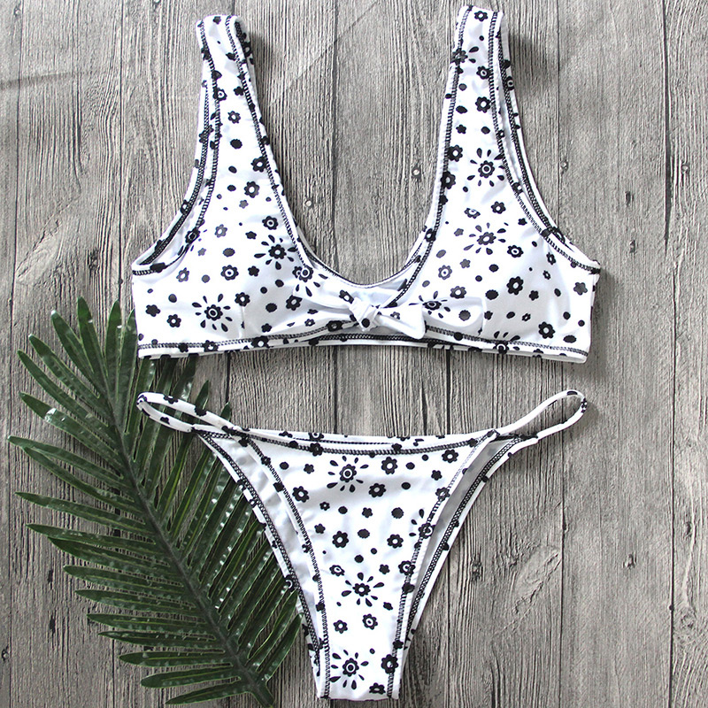 Fashion White Flower Pattern Decorated Simple Swimwear,Bikini Sets