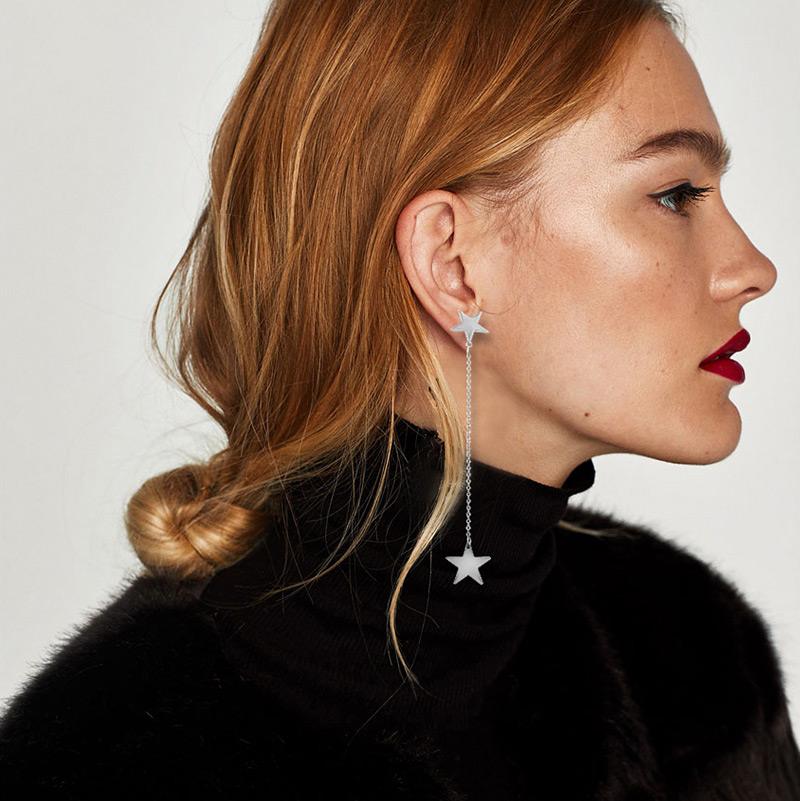 Fashion Silver Color Stars Shape Decorated Long Tasel Earrings,Drop Earrings
