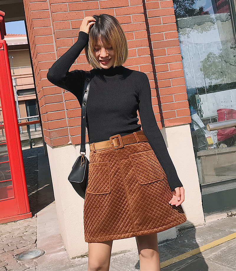 Fashion Brown Grid Pattern Decorated Pure Color Skirt(with Belt),Skirts