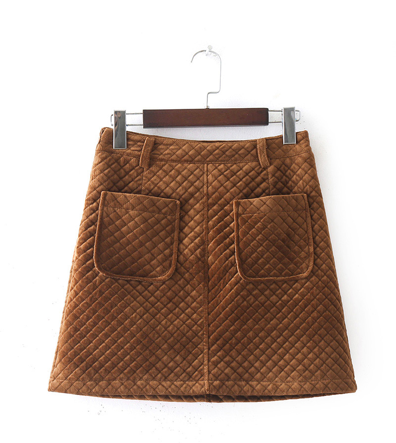 Fashion Brown Grid Pattern Decorated Pure Color Skirt(with Belt),Skirts