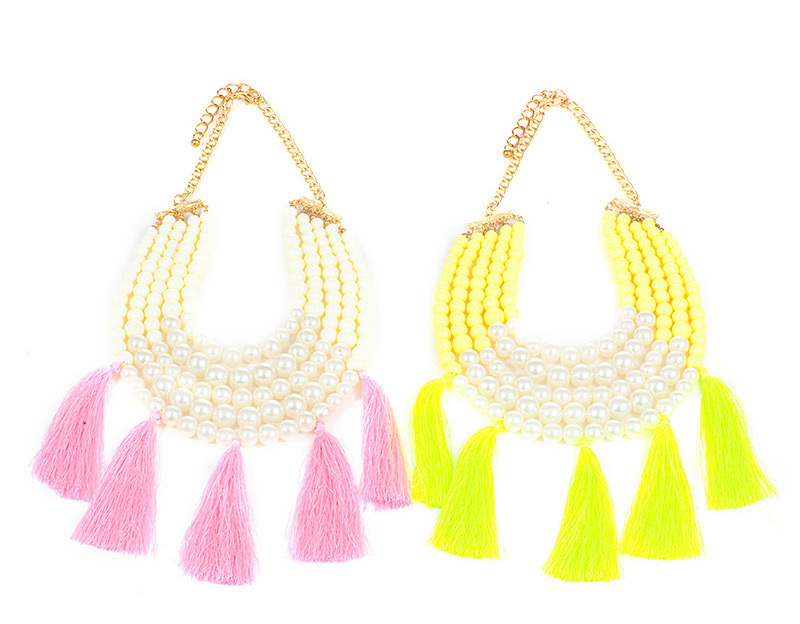 Fashion Light Yellow Pearls&tassel Decorated Necklace,Thin Scaves