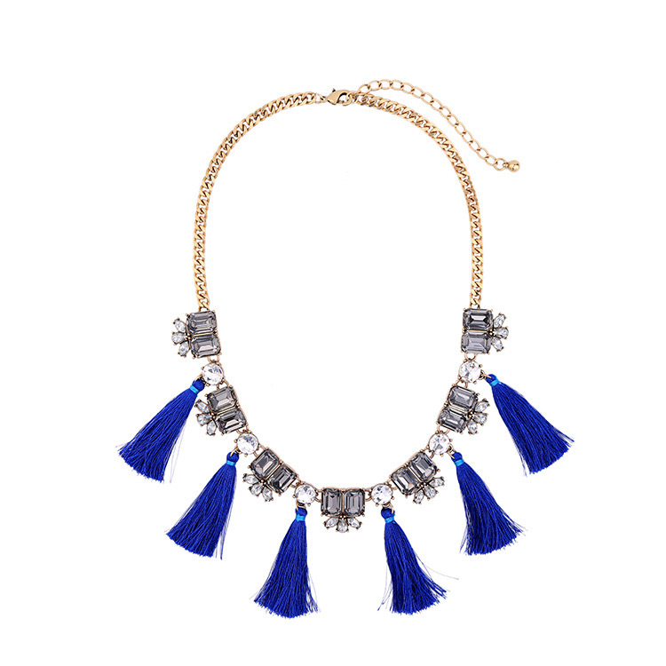 Bohemia Blue Square Shape Diamond Decorated Necklace,Thin Scaves