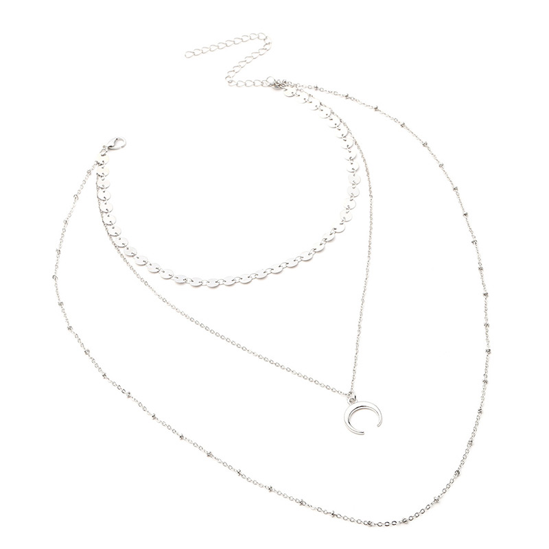 Fashion Silver Color Moon Shape Decorated Multilayer Necklace,Multi Strand Necklaces