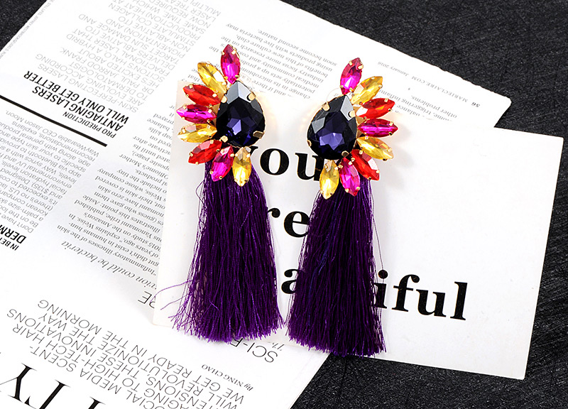 Bohemia Purple Waterdrop Shape Diamond Decorated Tassel Earrings,Drop Earrings