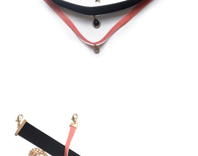 Vintage Black+pink Star Shape Decorated Multilayer Choker,Multi Strand Necklaces