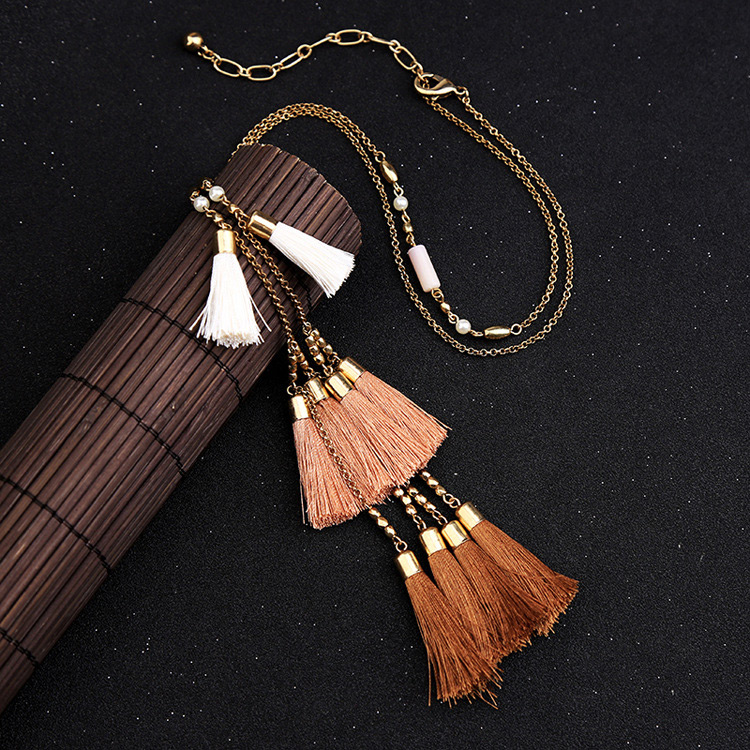 Vintage Brown Tassel Decorated Necklace,Thin Scaves