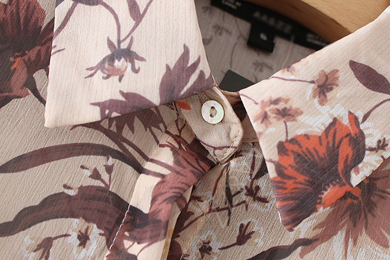 Trendy Beige Flower Pattern Decorated Long Sleeves Blouse,Coat-Jacket
