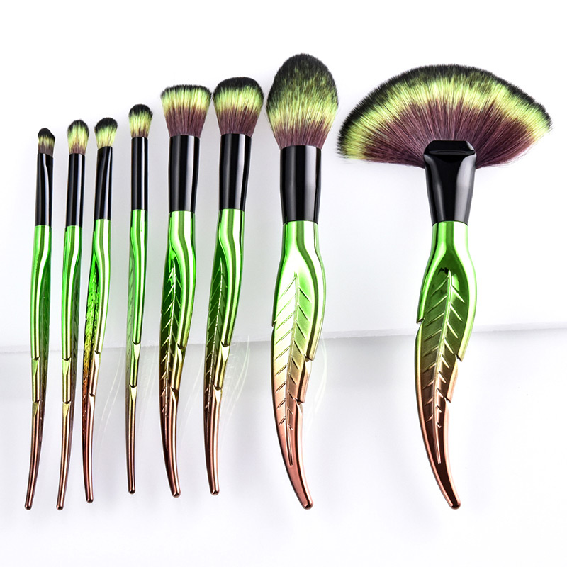 Trendy Green+brown Leaf Shape Decorated Makeup Brush(8pcs),Beauty tools