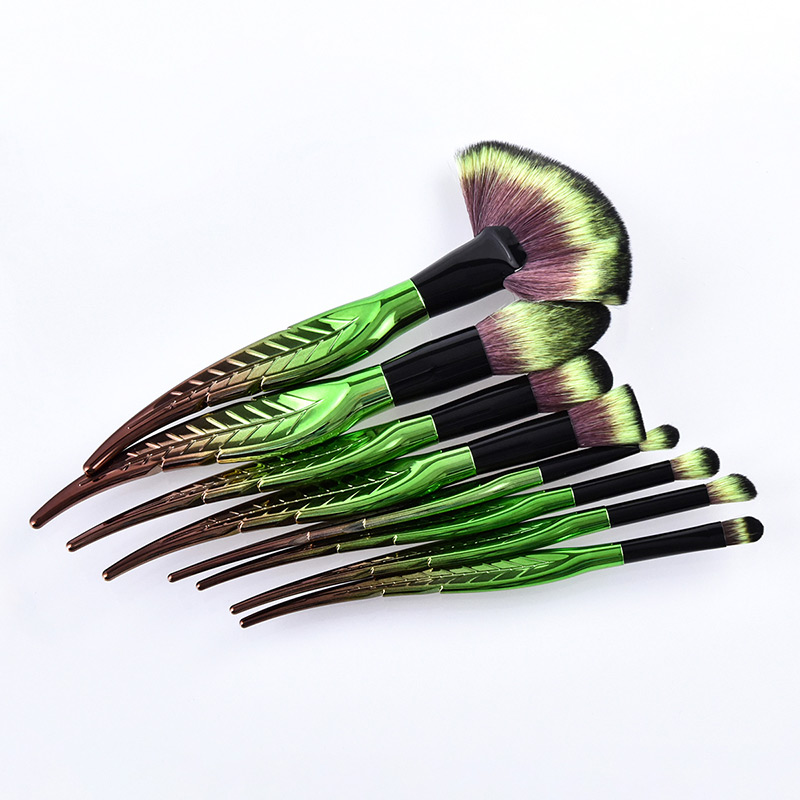 Trendy Green+brown Leaf Shape Decorated Makeup Brush(8pcs),Beauty tools