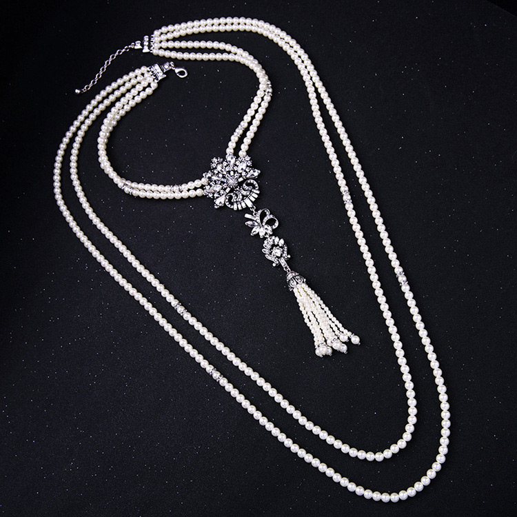 Exaggerated White Diamond Decorated Multilayer Necklace,Beaded Necklaces